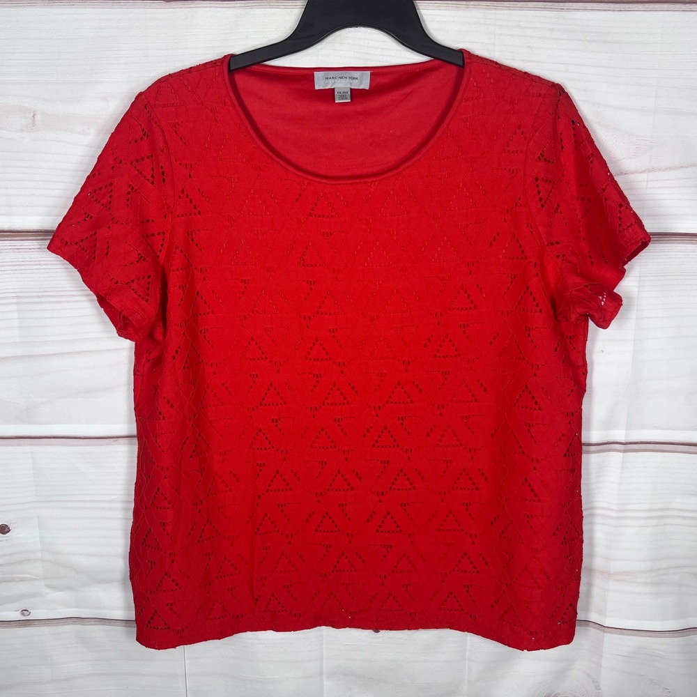 Marc New York Top Womens XXL Red Eyelet Lace Short Sleeve Lined Blouse Solid